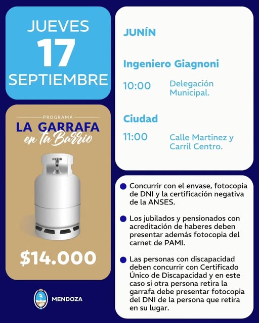 ÉSTE JUEVES LA GARRAFA EN TU BARRIO EN GIAGNONI Y CIUDAD DE JUNÍN